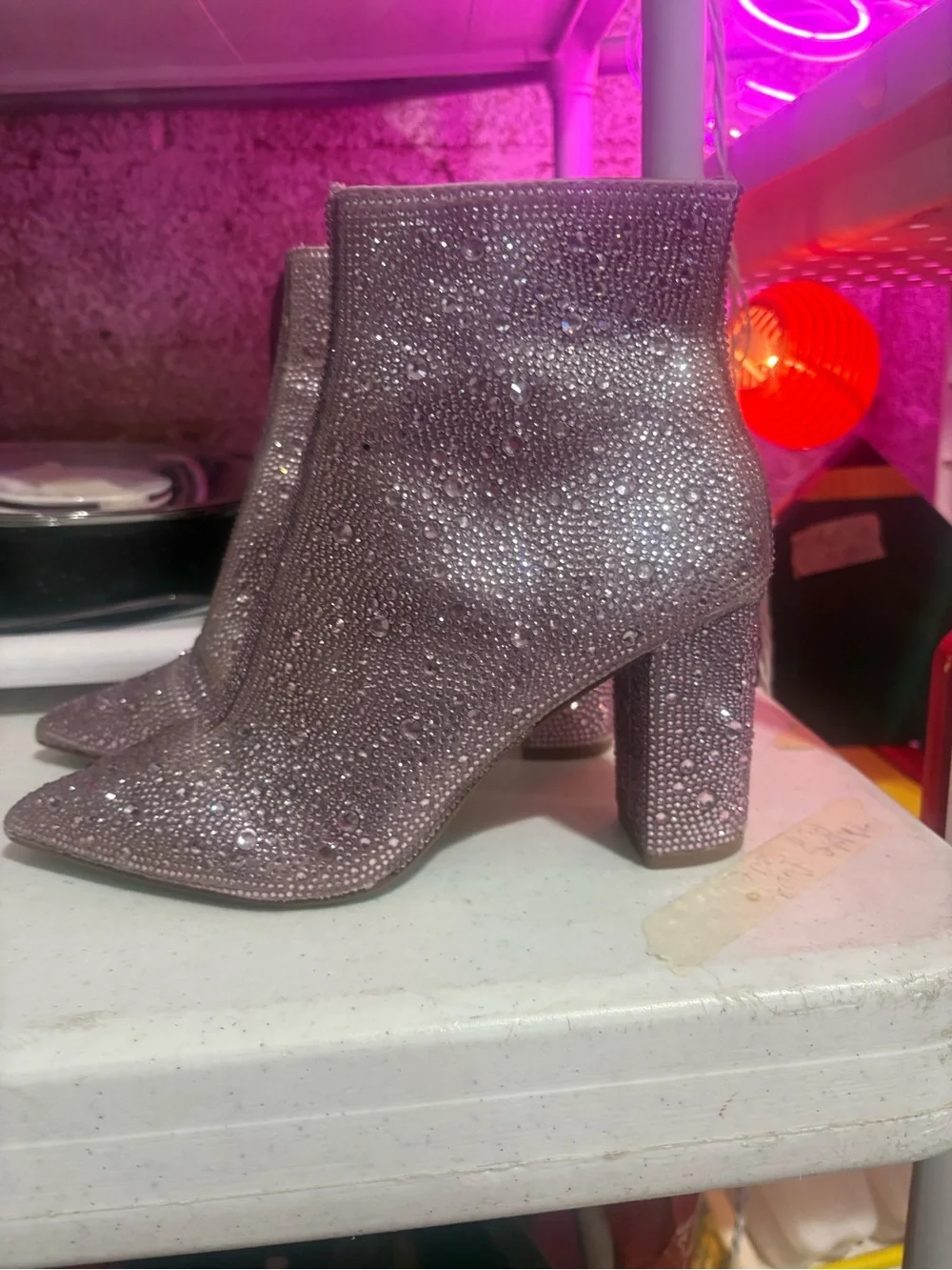 Betsey Johnson Silver Pink Crystal Embellished Block Heel Ankle Boots